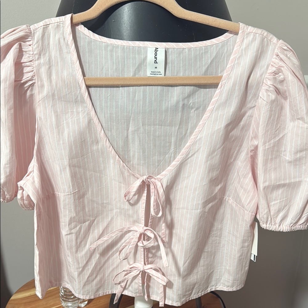 Abound Pink Puff Sleeve Tie Front Crop Blouse.NEW